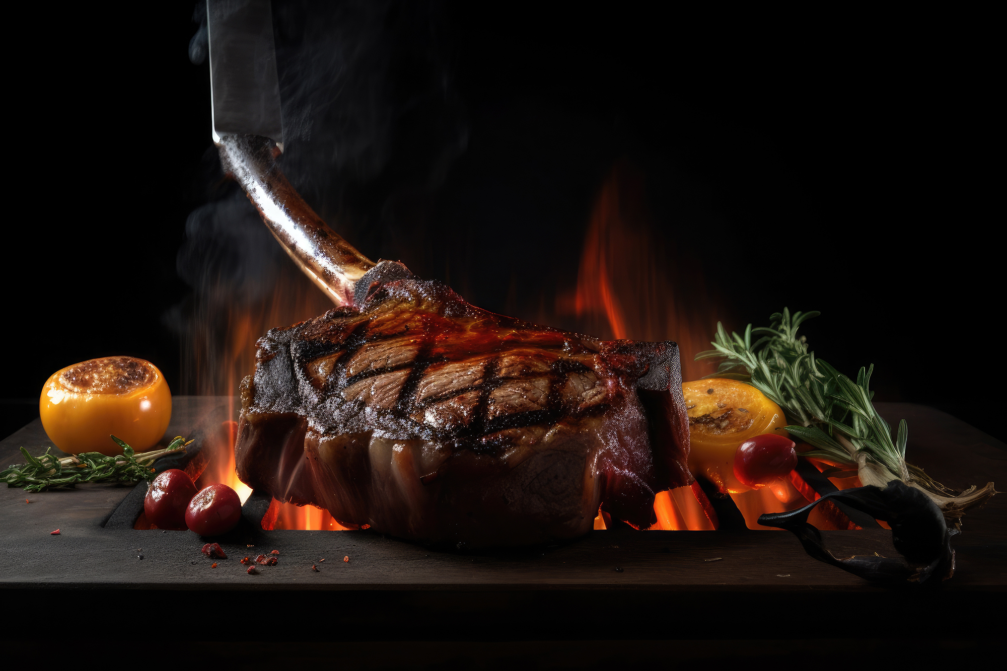 Juicy grilled meat with fire. Ai generative